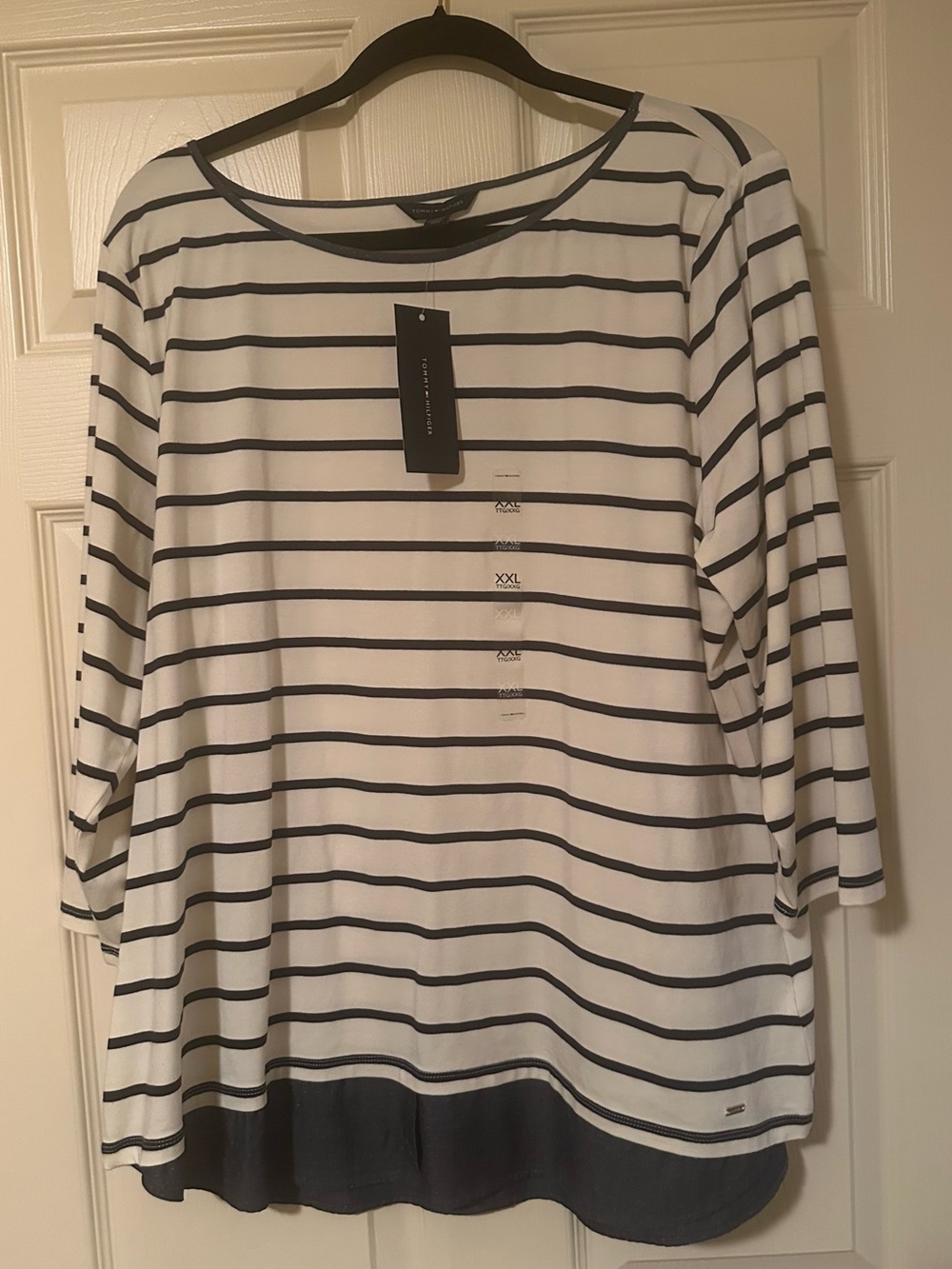 Tommy Hilfiger Navy & White Striped Boatneck Fooler Top with Greyish Blue Hem